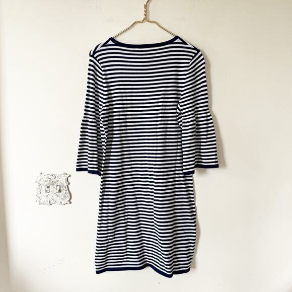 Sail to Sable Navy and White Striped Bell Sleeve Sweater Dress M - Picture 4 of 6